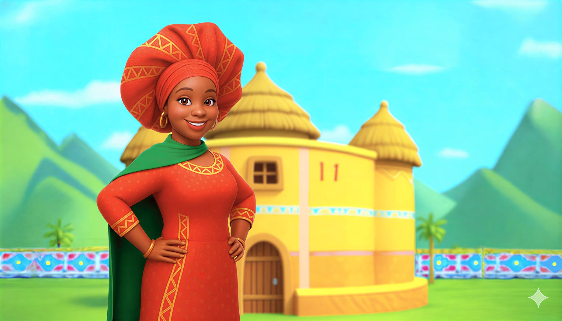 Mama TingaTinga en dessin animé devant son palais